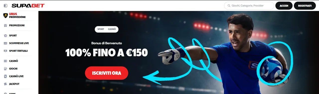 Homepage di Supabet con il bonus di benvenuto sport 100% fino a €150, ottobre 2026